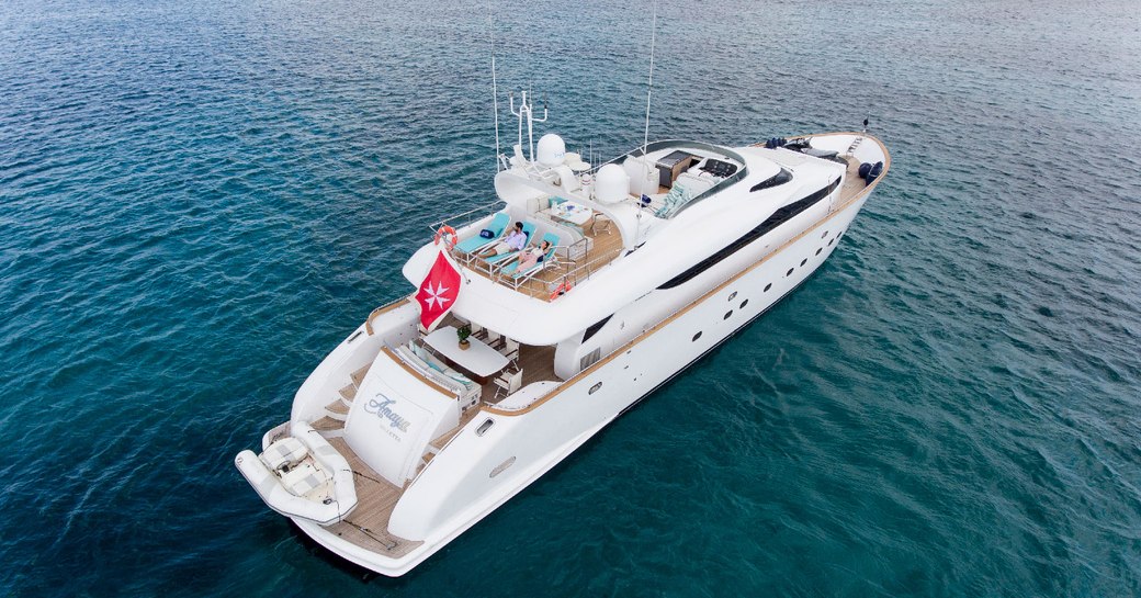 Aerial shot of luxury yacht AMAYA