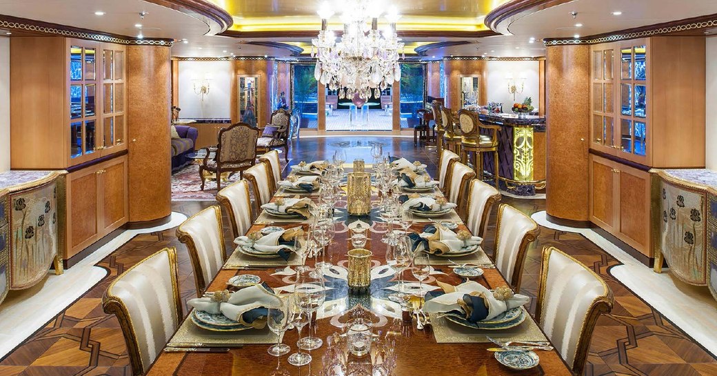 glittering dining room on board charter yacht SOLANDGE 