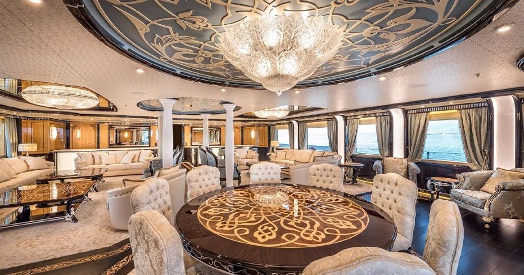 superyacht elements main salon with crystal chandelier