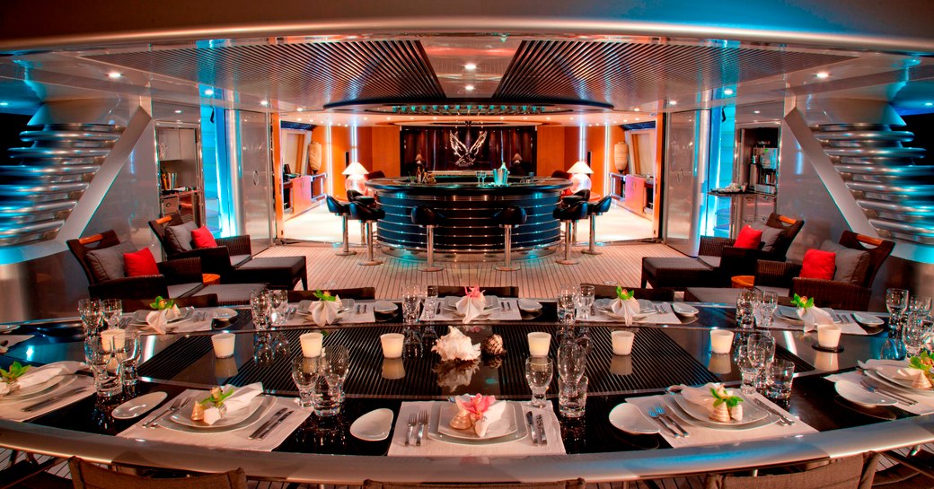 alfresco dining at night on board superyacht ‘Maltese Falcon’ 