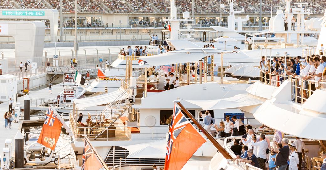 Party yachts lined up on the dock at the Abu Dhabi Grand Prix