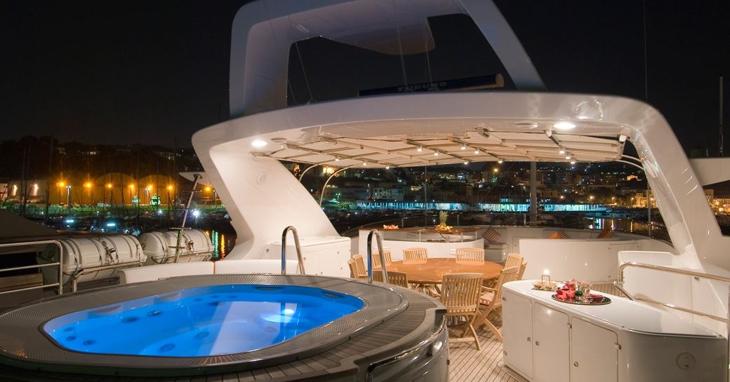 superyacht Blue Vision's fly bridge Jacuzzi and al fresco dining area