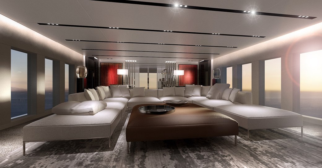 c-shaped sofa in main salon on board superyacht OURANOS 