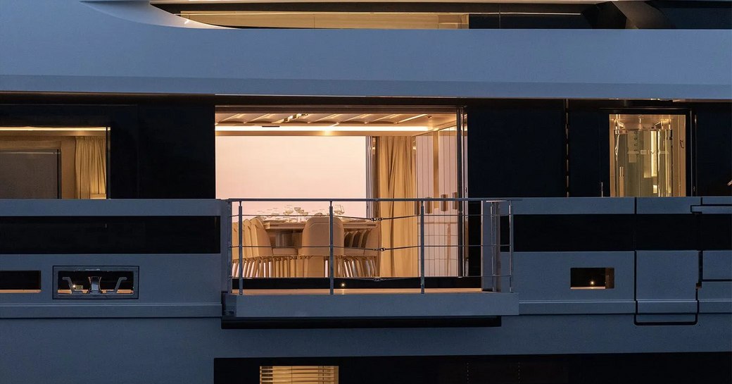 Fold down balconies from dining room on superyacht EIV