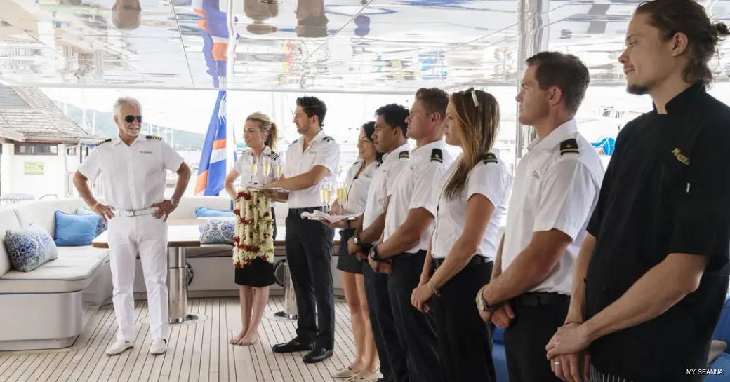 Crew line up on MY Seanna in Below Deck