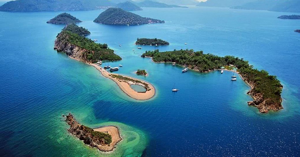 Aerial view over lush islands in Fethiye, Turkey