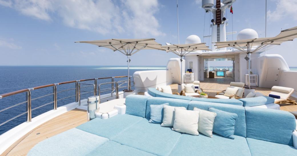 Spacious sun pads onboard luxury yacht charter NIRVANA.