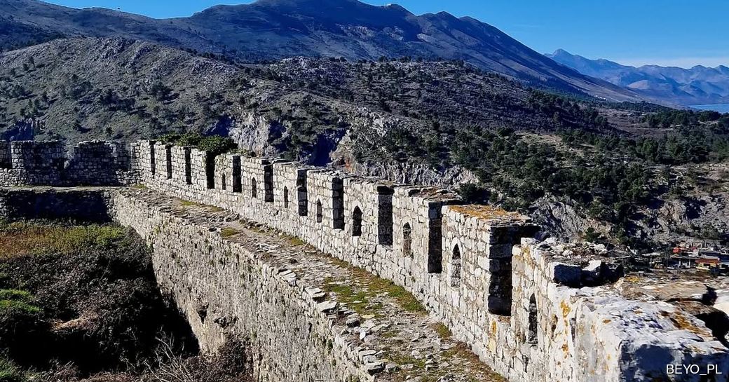 Overhead view looking down on castle walls of Rozafa Castle