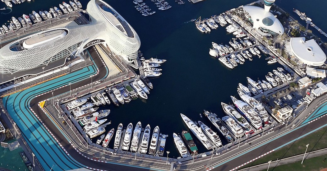 superyachts berth in Yas Marina, some with track views, for the Abu Dhabi Grand Prix