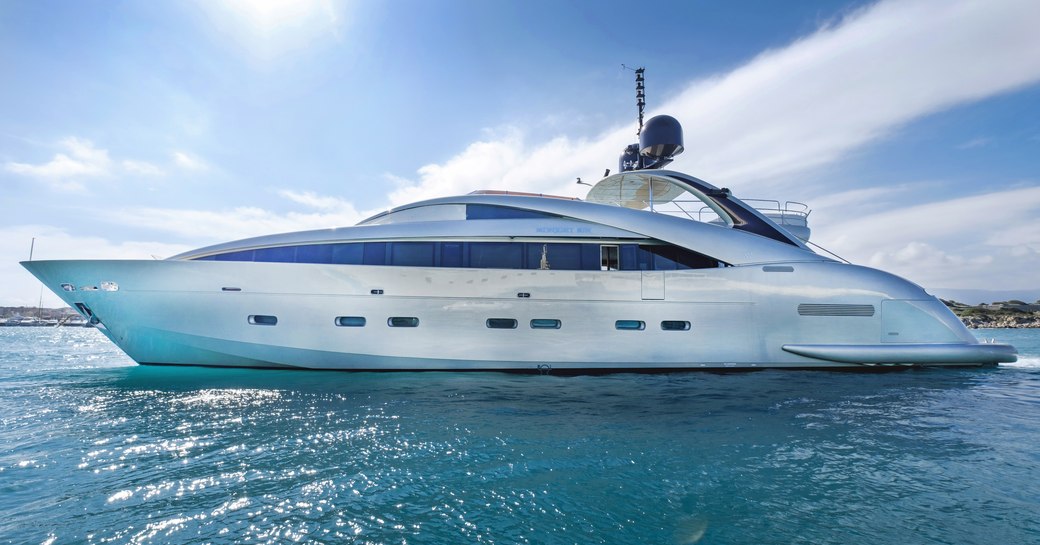 Charter yacht YCM120 at anchor, surrounded by sea