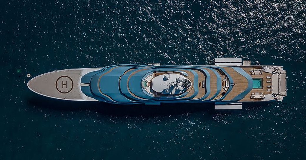 aerial shot of luxury motor yacht secret iii, ex jubilee