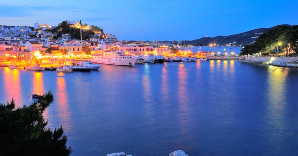 Beautiful Greek port setting at night