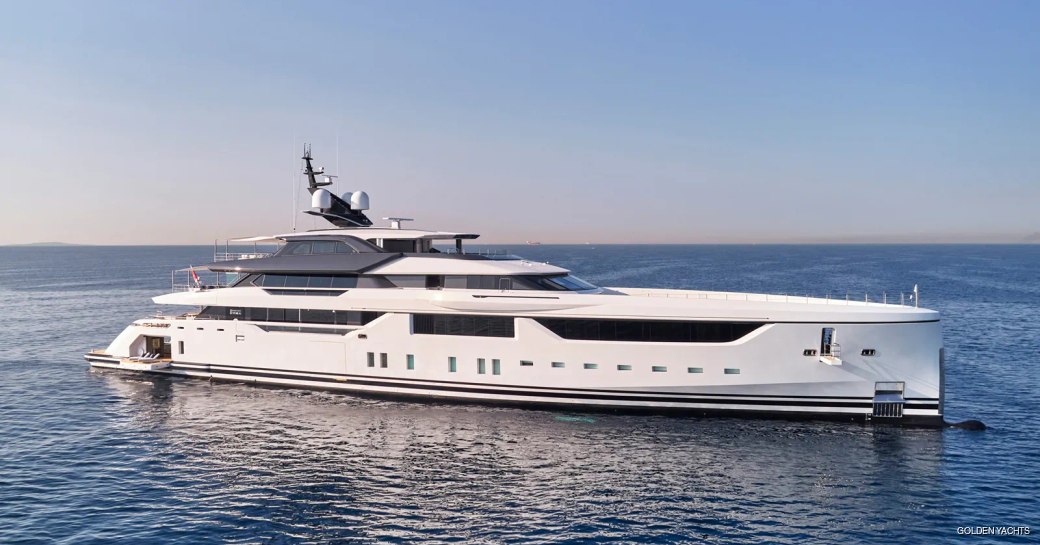 Charter yacht MALIA at anchor, surrounded by sea