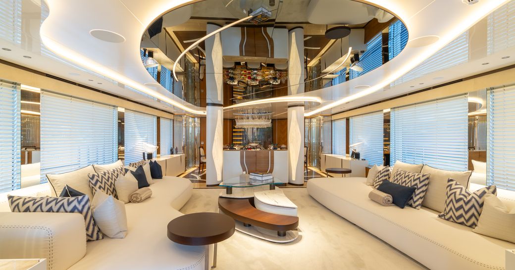 Neutral interiors and white sofas onboard charter yacht ETERNAL SPARK 