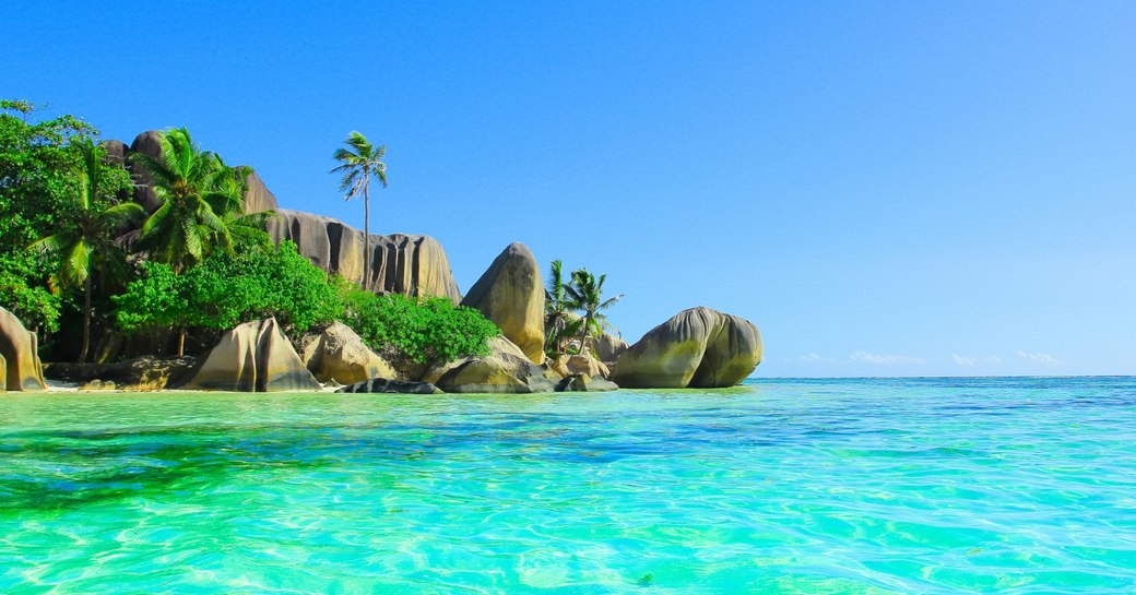 Rock formation along a coastline in the Seychelles