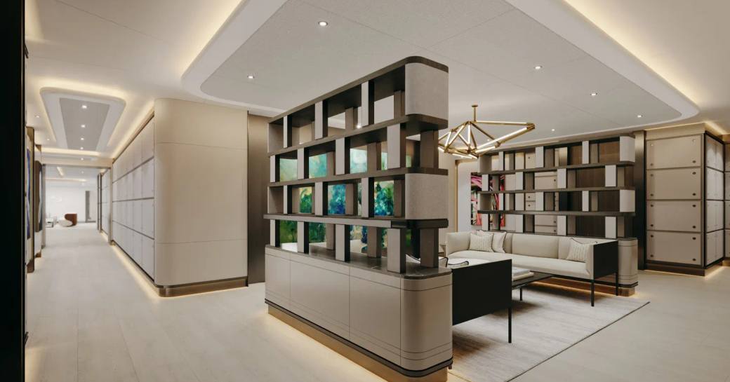 Interior seating area rendering onboard charter yacht REV OCEAN