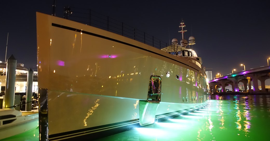 superyacht in miami at nightfall