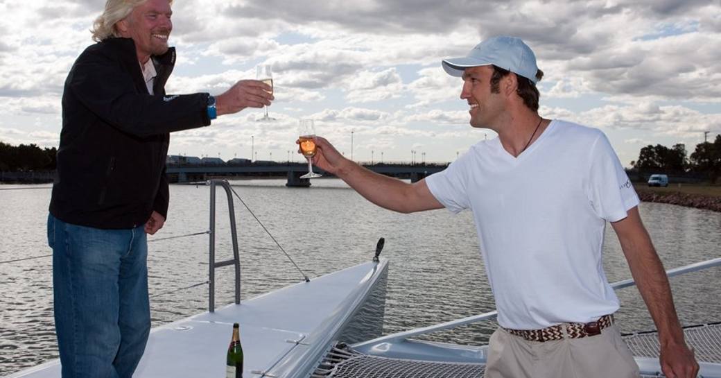 richard branson toasts catamaran necker belle's new name