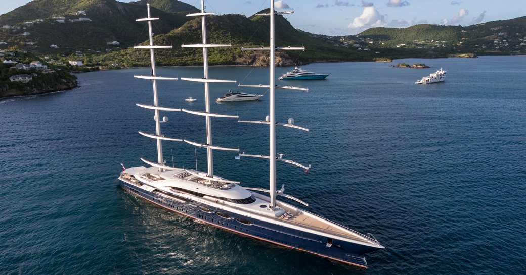 Charter yacht BLACK PEARL at anchor with her sails down