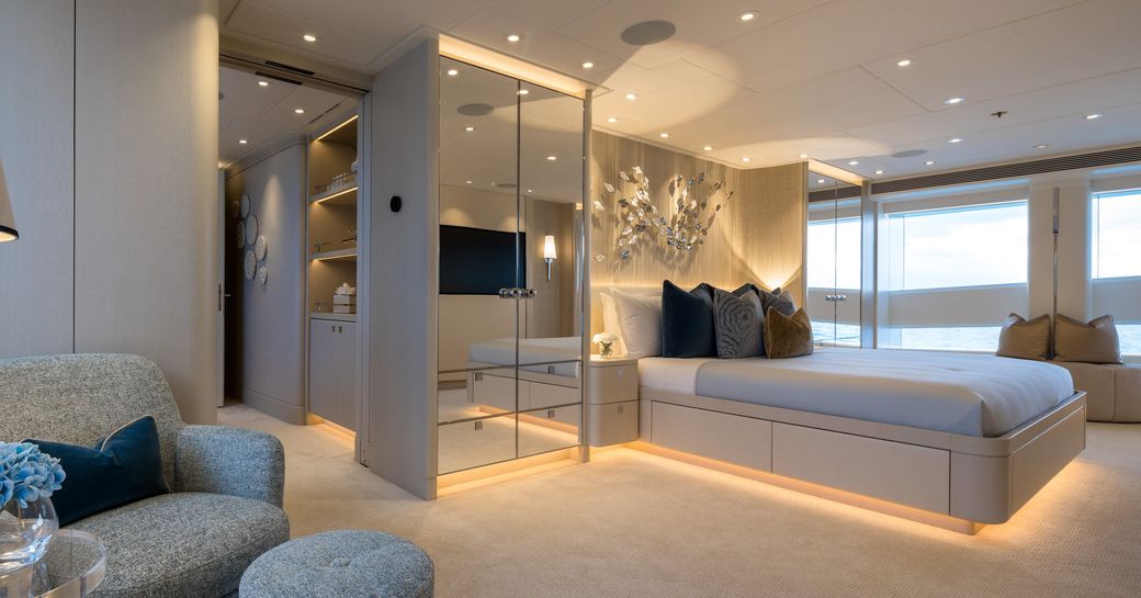 Master cabin onboard luxury yacht rental SANTOSHA