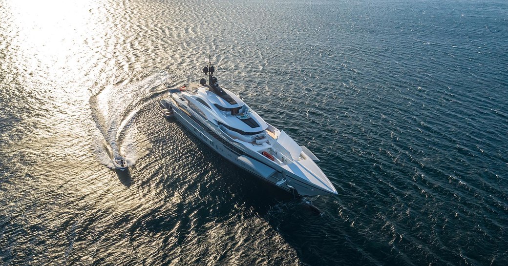 aerial shot of bilgin yachts tatiana at sunset