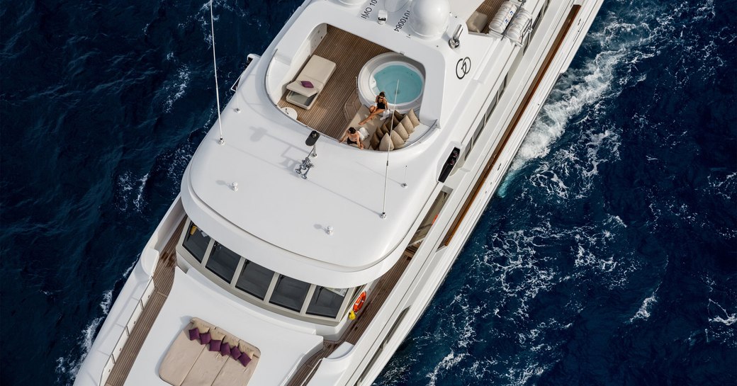 Luxury yacht GO jacuzzi and sunpads aerial view