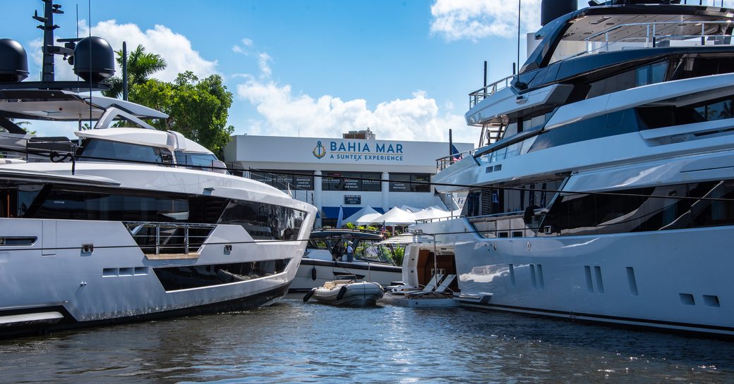 Superyachts berthed on display at the Bahia Mar marina during FLIBS