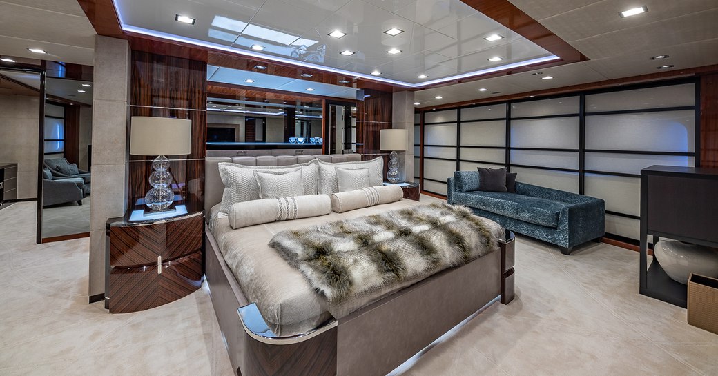 Master cabin on motor yacht Turquoise