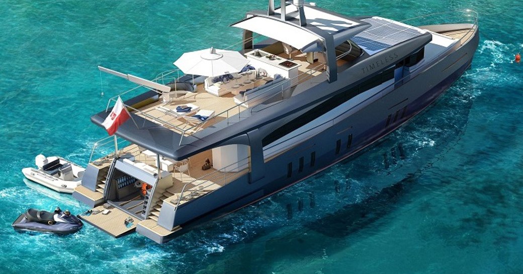 sundeck, main deck aft and drop down swim platform on board motor yacht Timeless 