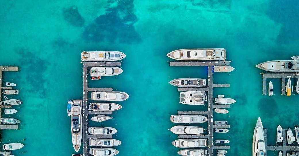 aerial view of yachts in the bahamas