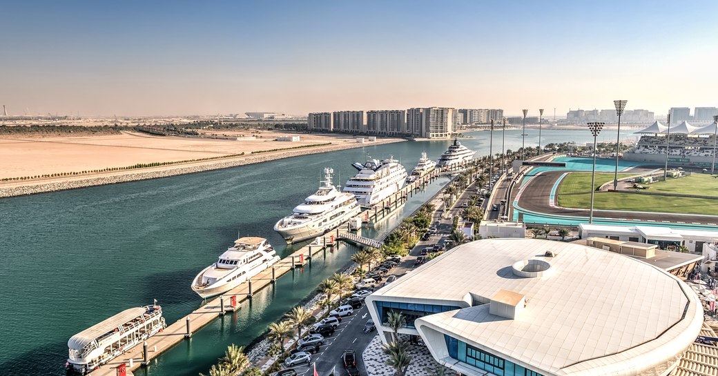 larger superyachts line up in Yas Marina visitor berths for the Abu Dhabi Grand Prix