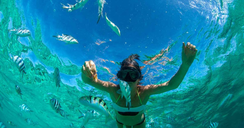 woman swims underwater alongside fishes on thanda island, with sky above her