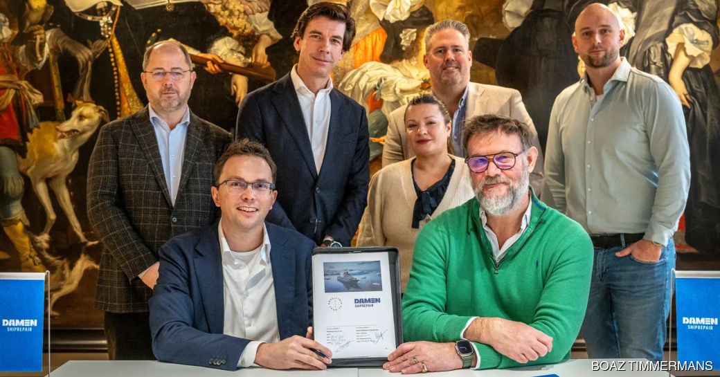 From left to right: Bas Loohuis (Commercial Director Damen Shiprepair), Michiel de Vliegher (Managing Director DSV), Jeroen Heesters (Managing Director Damen Shiprepair), Violetta Kegeian (Head of Legal Damen Shiprepair), Jeroen Schotel (Commercial Manager DSV), George Gill (Project Director & Owner’s Representative for REV Ocean), Wesley de Marco (Project Manager DSV)