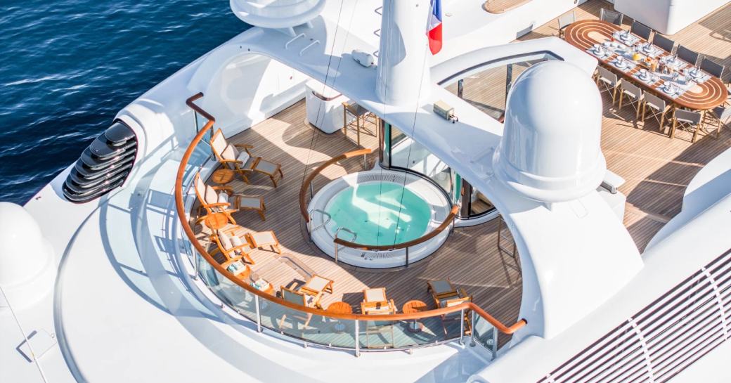 Sun deck Jacuzzi and seating onboard charter yacht CARINTHIA VII