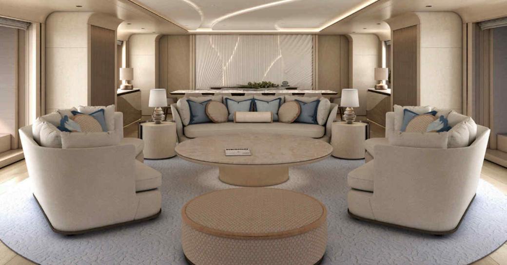 Plush lounge seating area in the main salon onboard superyacht charter O'MADELEINE