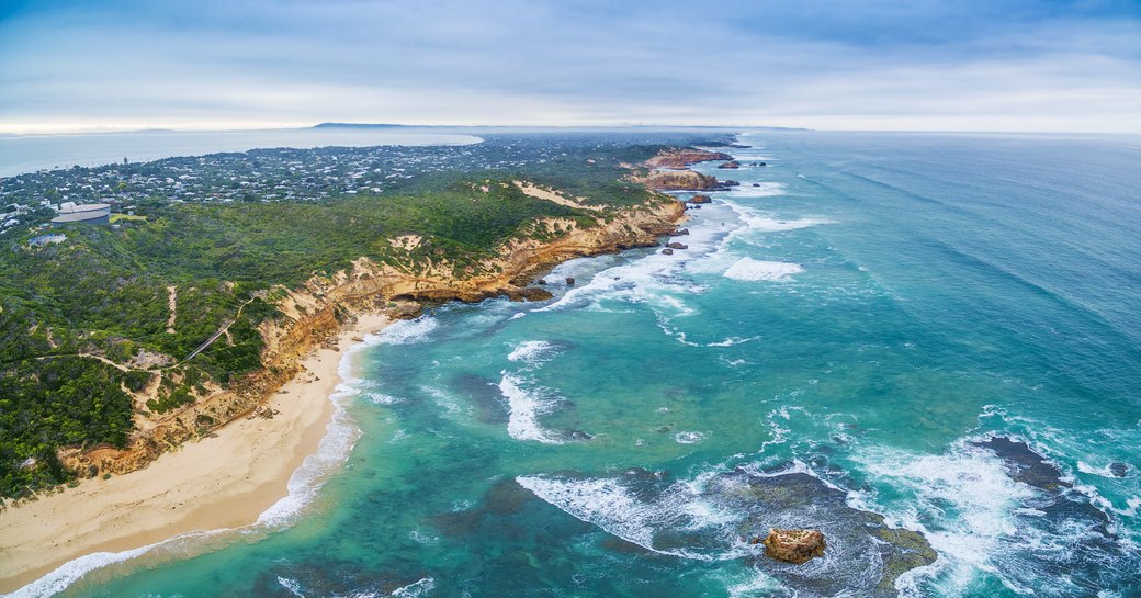 Aerial panorama of Sorrento Back Beach and coastline. Mornington Peninsula, Melbourne, Australia