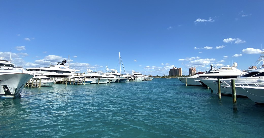 bows of yachts at the bahamas charter show 2020