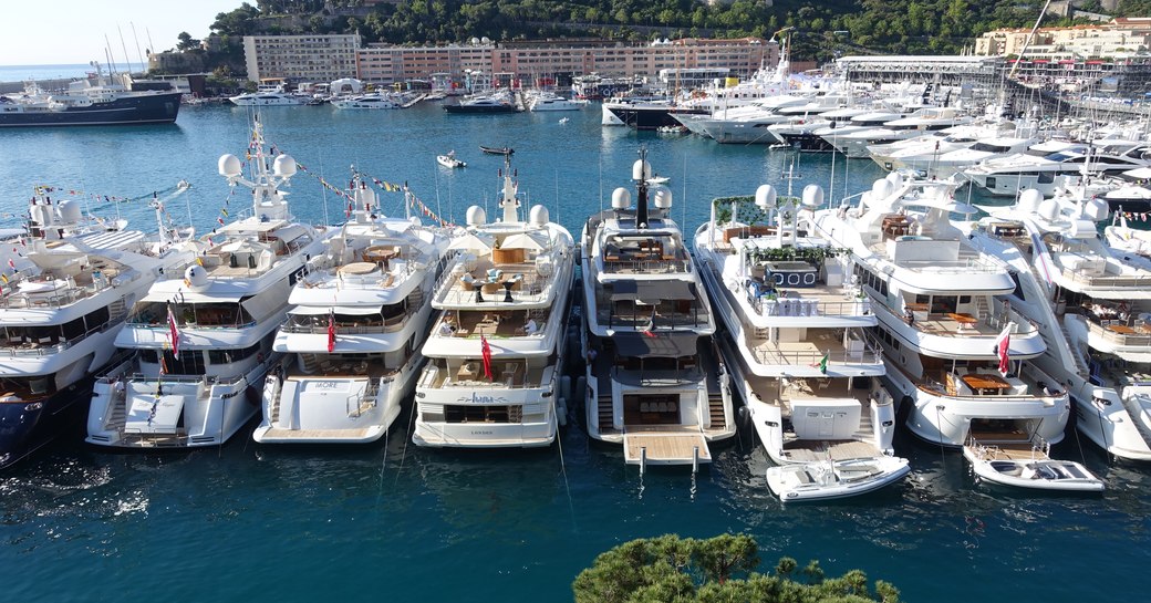 Yachts lined up in Port Hercules ready for the Monaco Grand Prix