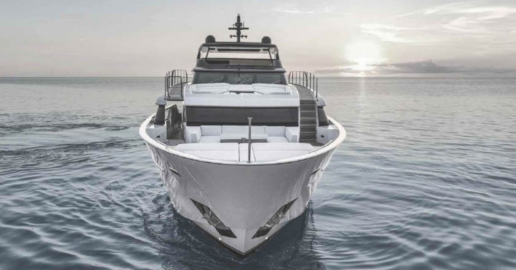 Frontal view looking directly at the bow of charter yacht MARY, surrounded by sea