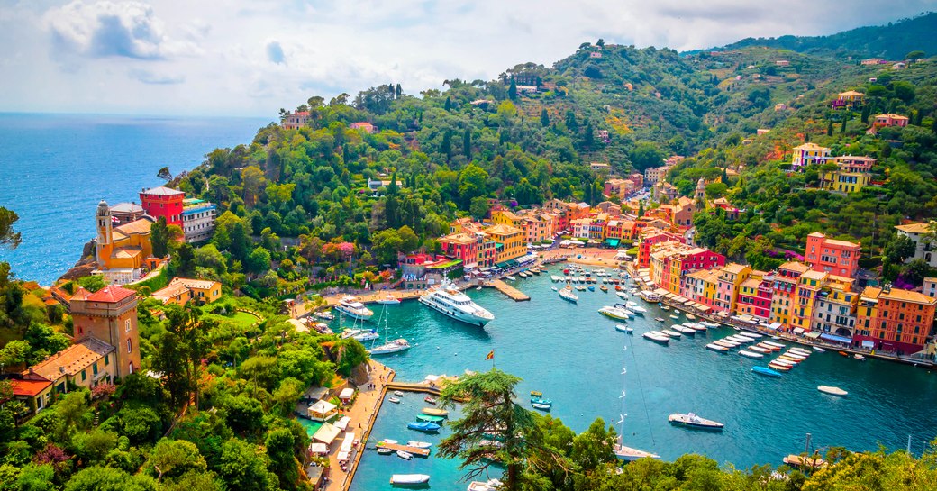 Aerial view looking down on Portofino