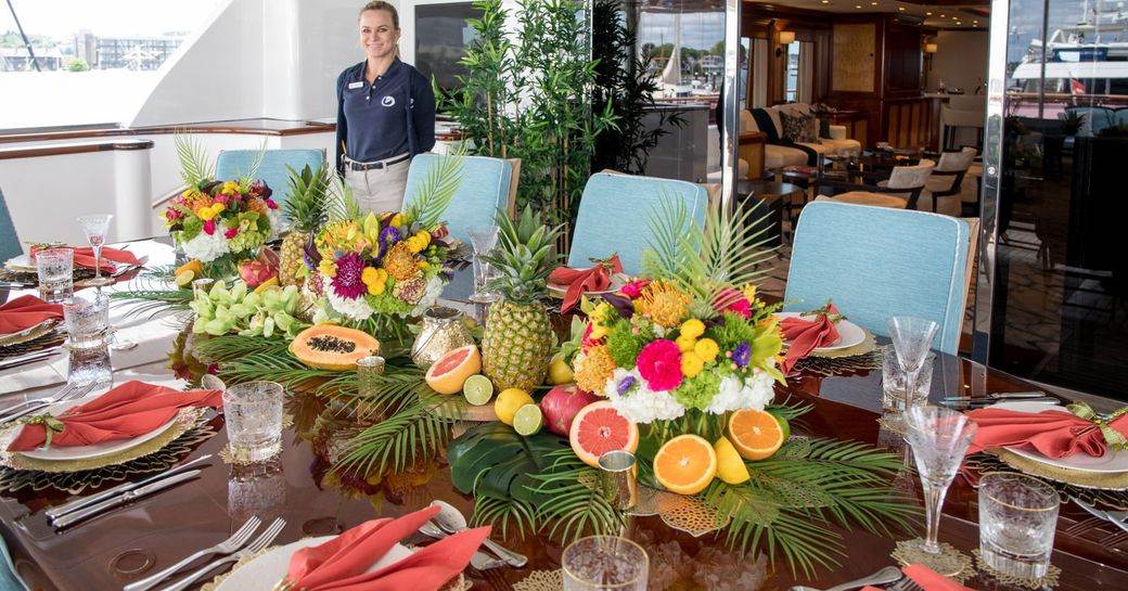 Tablescape entry with vibrant colors on superyacht