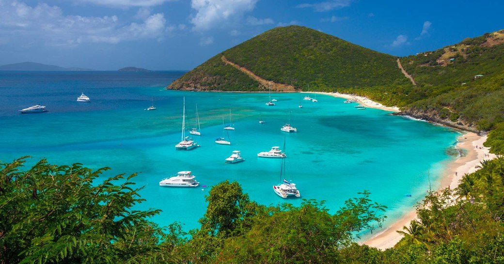 A collection of catamarans sit just off a beach in the British Virgin Islands