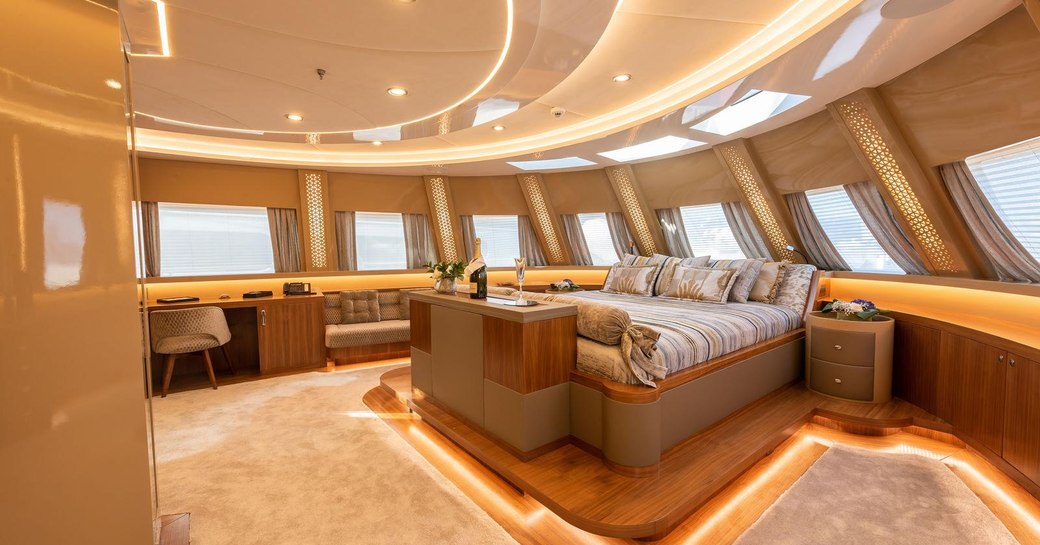 Master stateroom on ARESTEAS, with panoramic views over the surroundings