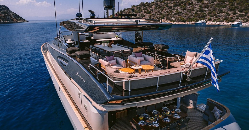 Aft deck views of charter yacht ISLANDER II, alfresco dining and lounge areas visible on both decks