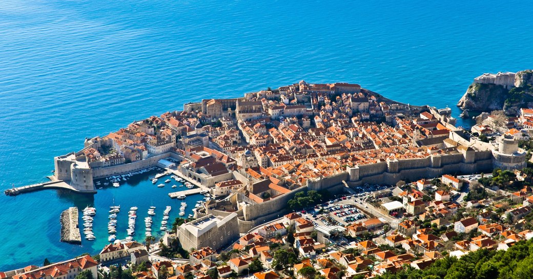 Aerial view of Dubrovnik Old Town with blue seas in Croatia