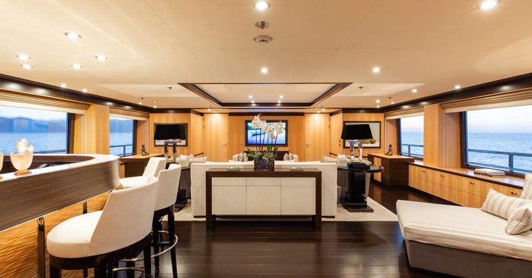 Main salon on board charter yacht REVELRY