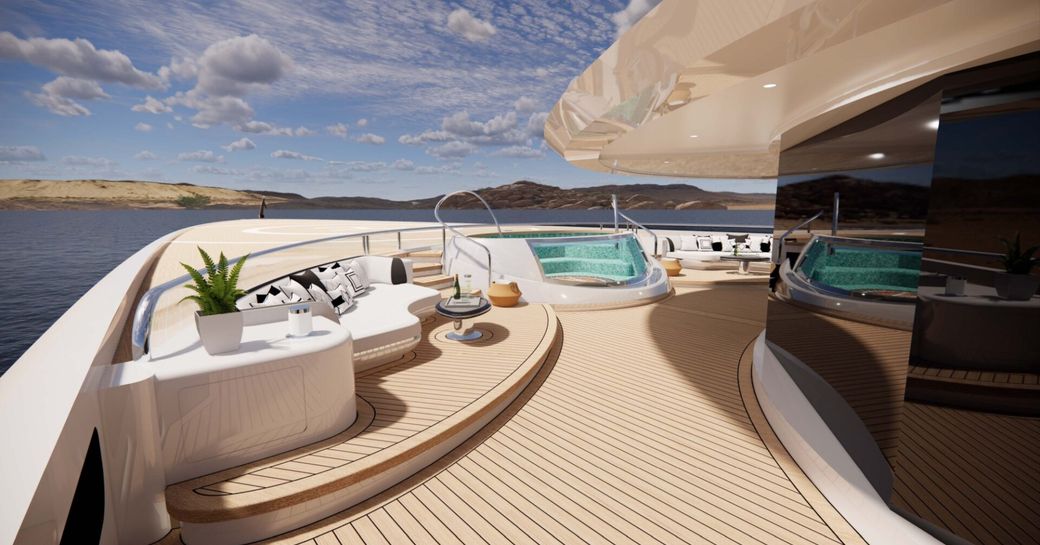 Exterior deck space onboard charter yacht KISMET, plush white seating and deck Jacuzzi
