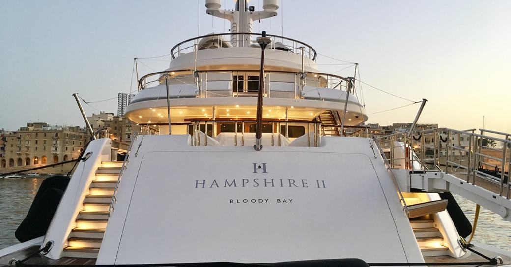 The after deck and nameplate of superyacht 'Hampshire II'