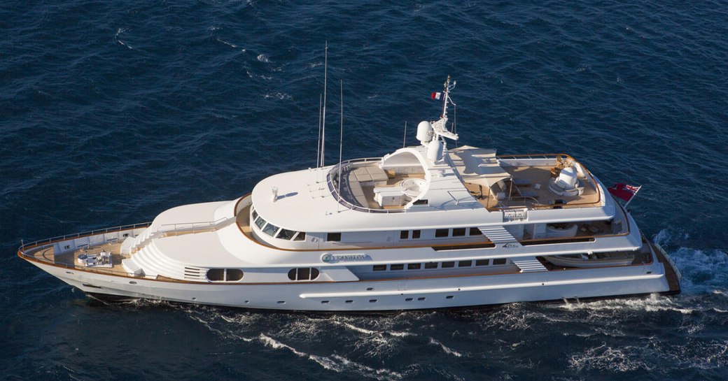 Aerial shot of luxury yacht Lady Ellen II underway as she charters in Greece