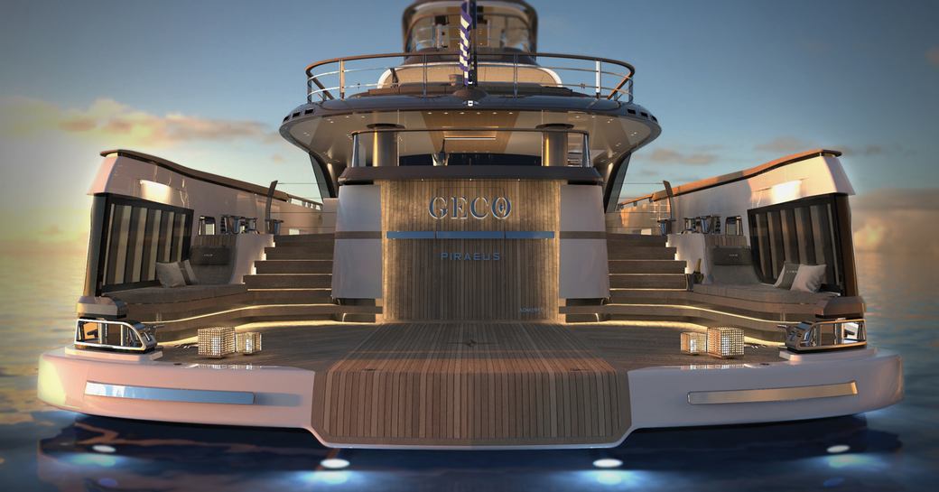 the capacious and well lit swim platform of charter yacht geco looking up towards the upper platforms at dawn